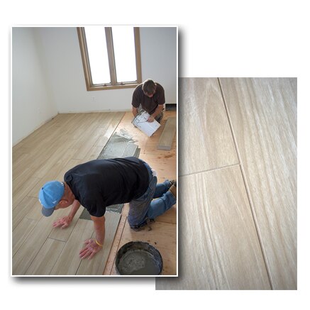 Collage of wood look tile being installed
