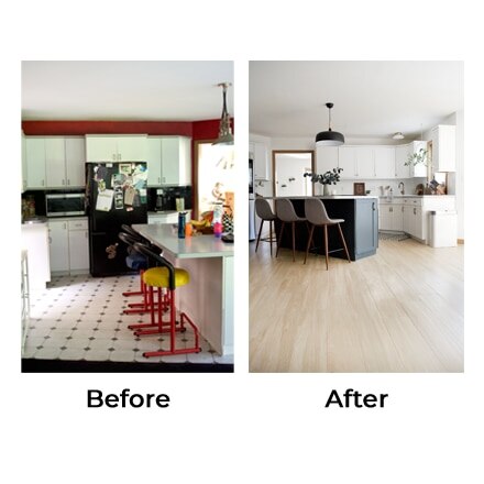 Before shot of the kitchen with black and white tile and after shot of the kitchen with wood look tile and contemporary furnishings